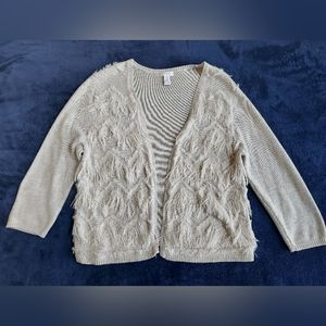 Ladies Chico's Size 2 Lightweight Beige Fringed Open Front 3/4 Sleeves Sweater